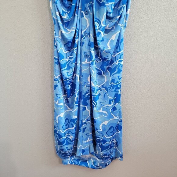 Stretchy Jersey Shirt Midi Dress - Ruched Bodycon Pool Water Print Summer Beach - Picture 6 of 15
